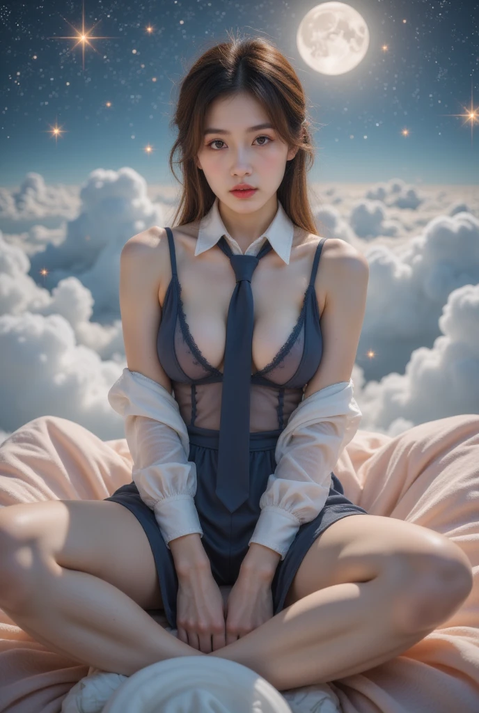 1 woman, halftone background , above the clouds refract spikes ,Above the clouds ,new moon,   HD pictures in cute mini size ,   atmospheric perspective, 8K,   Very detailed  , Precise,   Best quality , 
  1 girl, , Chest,   and watch the audience, (Look at the audience,:1.5),  
    brown hair    ,    brown eyes, parted Lips, underwear, , (Japanese school uniforms), 
 ( fully transparent dark blue dress ), (  sitting in a seat  :1.5), No underwear, , parted Lips, 
 Lips, (Flesh-colored skirt),   cowboy shooting  ,  ((( Spread your legs , Arms Crossed))), showing sexy White :1.5), Practical ,
(White, shirt, tie),
(Tang&#39; reveal your upper body :1.5),
( turn your body to the audience :1.5) , (From below, look up:1.5), ((Japanese Girls, Shortwave  ))