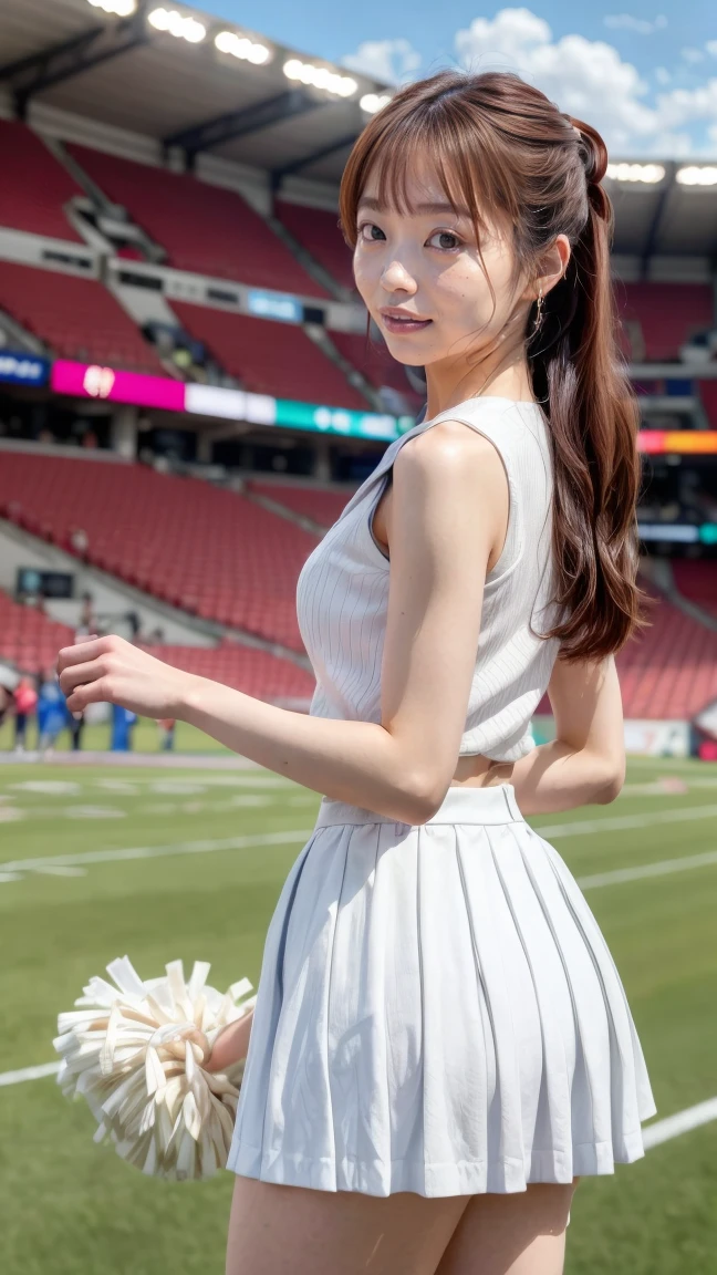 A beautiful young Japanese woman, 20 years old, with perfect anatomy, healthy thighs, beautiful feet, flawless skin, random hair color and style, large bust, wearing a cheerleader uniform with micro-pleated miniskirt, in a full body shot, standing in a stadium, (best quality,4k,8k, highres, masterpiece:1.3), (extremely detailed:1.2), hayashiyuka