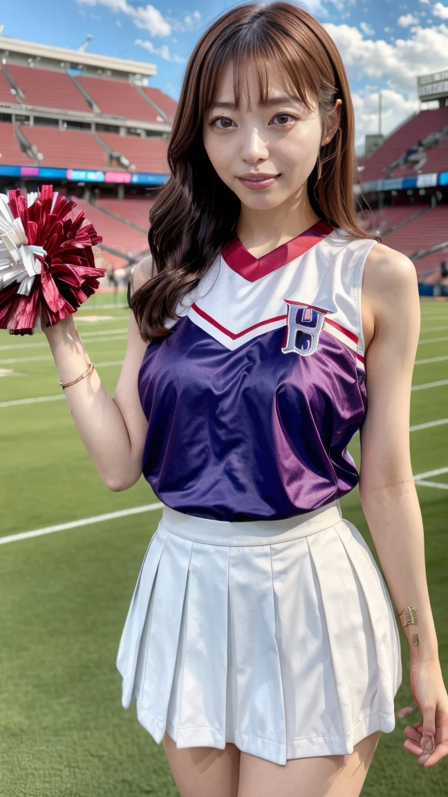 A beautiful young Japanese woman, 20 years old, with perfect anatomy, healthy thighs, beautiful feet, flawless skin, random hair color and style, large bust, wearing a cheerleader uniform with micro-pleated miniskirt, in a full body shot, standing in a stadium, (best quality,4k,8k, highres, masterpiece:1.3), (extremely detailed:1.2), hayashiyuka