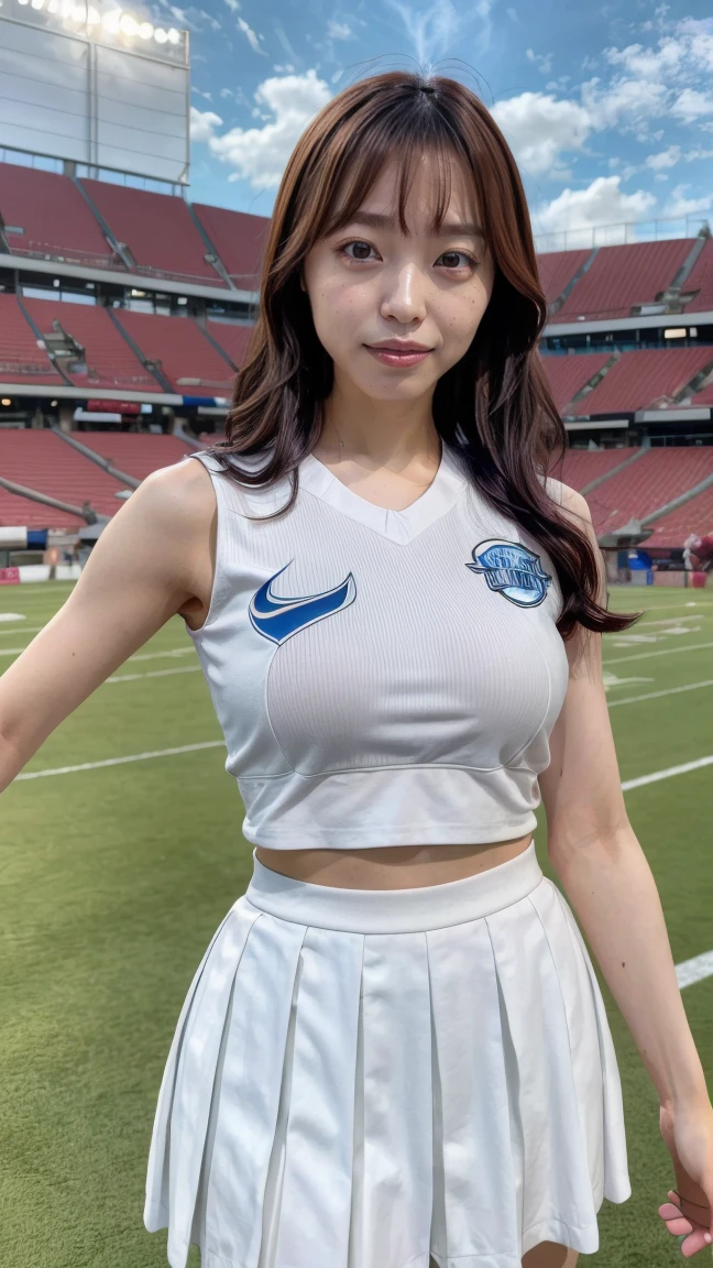 A beautiful young Japanese woman, 20 years old, with perfect anatomy, healthy thighs, beautiful feet, flawless skin, random hair color and style, large bust, wearing a cheerleader uniform with micro-pleated miniskirt, in a full body shot, standing in a stadium, (best quality,4k,8k, highres, masterpiece:1.3), (extremely detailed:1.2), hayashiyuka