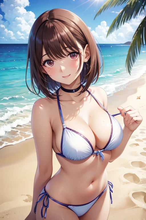 girl in bikini showing her bare breasts, ((detailed nipples)), bikini top on the floor, colorful bikini, beach scenery, medium breasts, flirtatious, (very detailed), perfectly detailed face, detailed hand, photorealistic image.