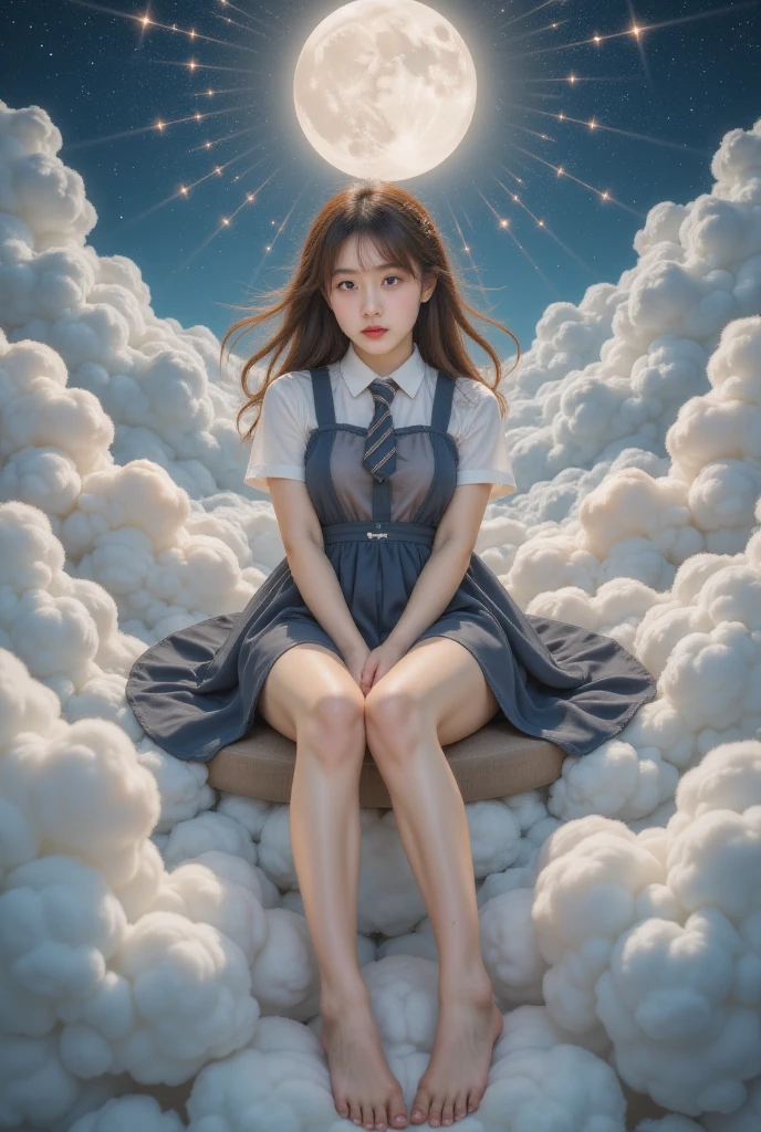  1 girl, halftone background , above the clouds refract spikes ,Above the clouds ,new moon,   HD pictures in cute mini size ,   atmospheric perspective, 8K,   Very detailed  , Precise,   Best quality , 
  1 girl, , Chest,   and watch the audience, (Look at the audience,:1.5),  
    brown hair    ,    brown eyes, parted Lips, underwear, , (Japanese school uniforms), 
 ( fully transparent dark blue dress ), (  sitting in a seat  :1.5), No underwear, , parted Lips, 
 Lips, (Flesh-colored skirt),   cowboy shooting  ,  ((( Spread your legs , Arms Crossed))), showing sexy White :1.5), Practical ,
(White, shirt, tie),
(Tang&#39; reveal your upper body :1.5),
( turn your body to the audience :1.5) , (From below, look up:1.5), ((Japanese Girls, Shortwave  ))