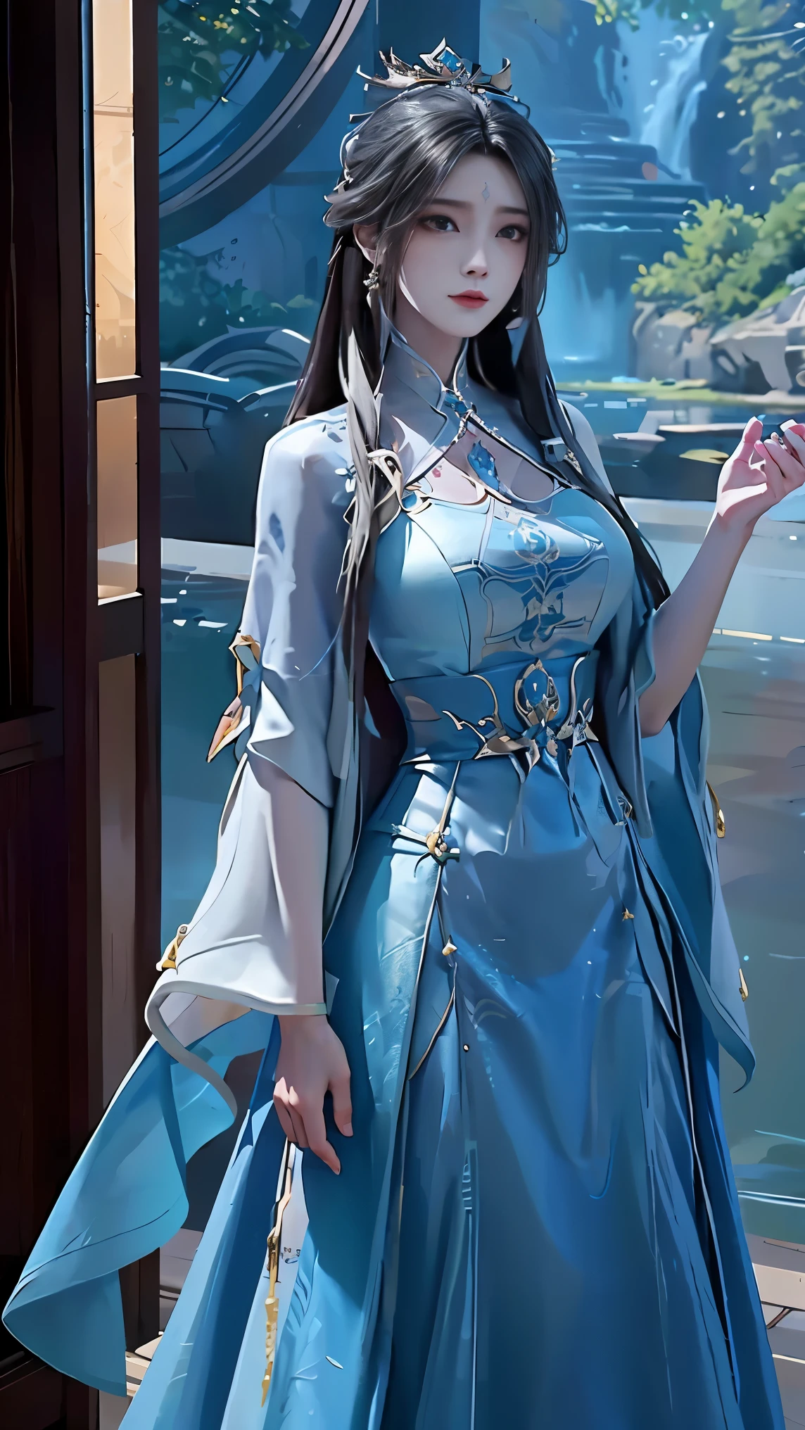 This painting depicts a woman in a blue dress standing in a pool of water, beautiful figure painting , ((, the beautiful fantasy queen )), bovo art style , fantasy close-up of water magic , Art in the style of Gu Wei , Chen Yifei's Inspiration , Fantastic Beauty, , the beautiful fantasy queen , Inspired by Zhang Yan , palace , girl in Hanfu