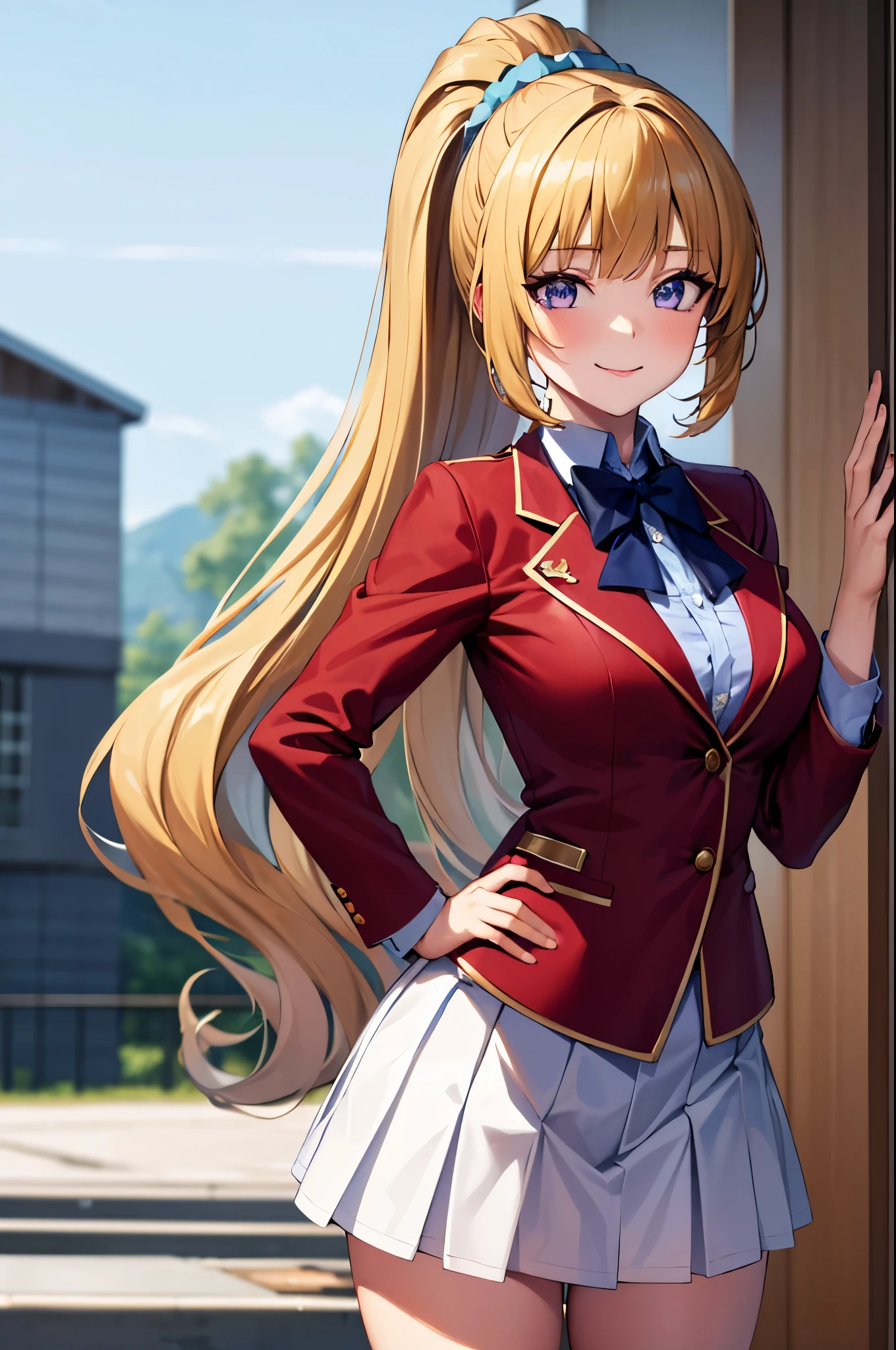 (8k, best quality, masterpiece,ultra detailed, ultra high res:1.2), 1girl,
Kei Karuizawa, Kei Karuizawa \(youjitsu\),
long hair, ponytail,yellow hair, 
purple eyes, blue bow, hair scrunchie, 
medium breasts, red blazer, buttoned blazer,blue blouse, pleated white skirt, white calf socks, 
hand on hip, smile,
cowboy shot, perfect light,outdoor