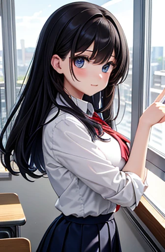 masterpiece, highest quality, One Girl, Thighs, beautiful girl, Flowers, たくさんの小さなflowerびら, flower、Small waist, RAWphotograph,Bright lighting、Face Light, Ultra-realistic, High resolution, photograph, Sharp focus, Highly detailed eyes and face,Symmetrical face, whole body、Large Breasts、Long Hair、チラリと見えるThighs、Emphasized cleavage、Her hair was tied with a big red ribbon.、White high heels、White short sleeve shirt、Brown leather vest、Dark brown flared mini skirt