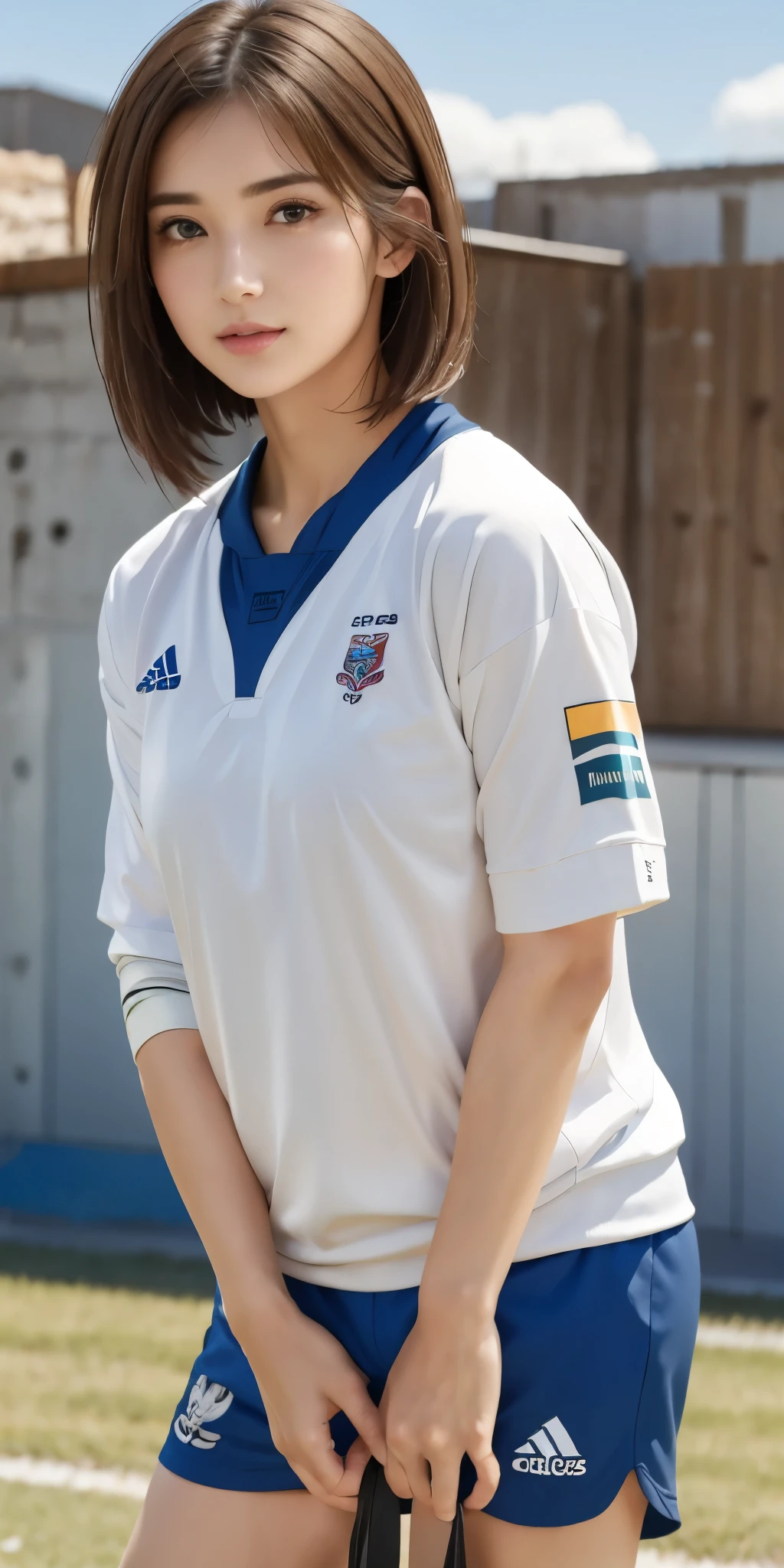 (8K、Raw photography、highest quality、masterpiece:1.2),(black haired、very short hair:1.9),show viewer,Looking at the front,erotic,white skin,(wearing a blue and white soccer uniform:1.6)、(Clothing that emphasizes the shape of your chest、exposing one's skin:1.7)、(big :1.6)、slim body shape、ultra high resolution,beautiful,beautiful fece,(alone, alone、no background:1.9),whole bodyボディー,japanese woman,(Photoreal:1.37)、photon mapping,reality、(Cute with a : 0.6)、(cute smile: 1.7)、(With a round face: 1.8)、radio city、Physically based rendering、depth of field rally background、photograph, (I can see your knees,close up of thighs、Too short pants:1.5),whole body、super fine