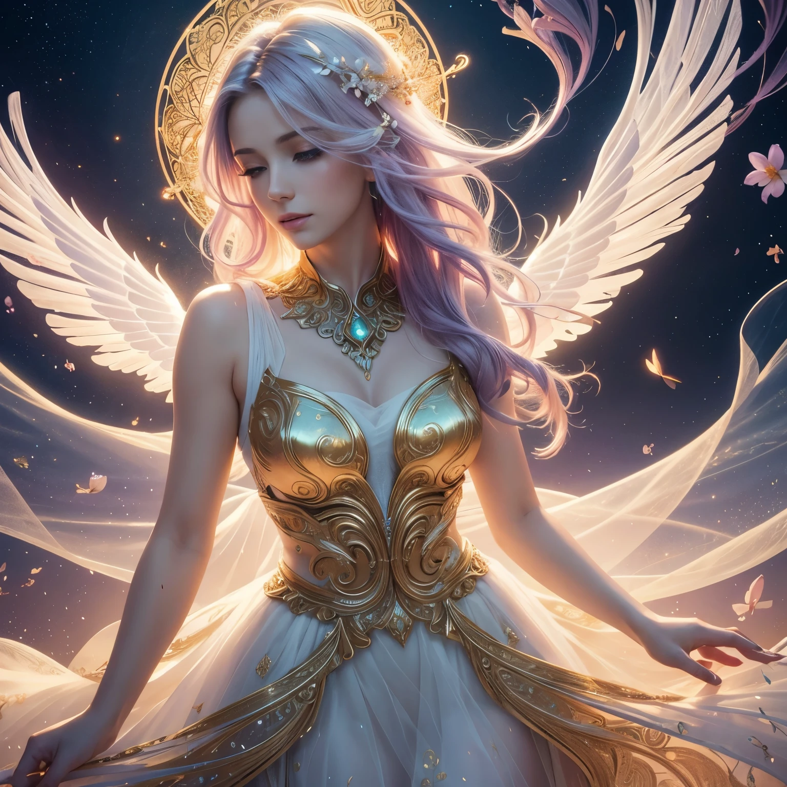 “A beautiful ethereal angel with rainbow-colored hair, glowing skin, and intricate celestial symbols surrounding her. She has a serene expression with closed eyes, hands clasped in prayer, and large, radiant wings. The background is filled with cosmic light and mystical patterns, creating a divine and otherworldly atmosphere.”