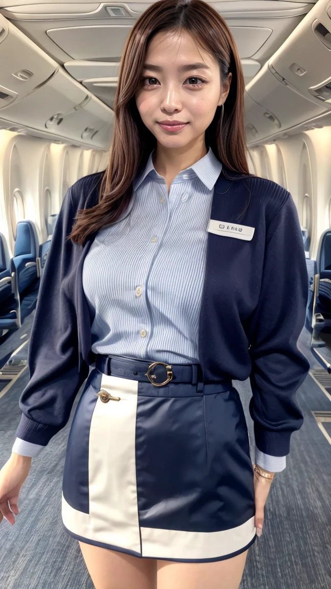 A beautiful, 24-year-old Japanese woman with perfect anatomy, healthy thighs, beautiful legs, beautiful skin, random hair color and style, large breasts, (wearing a flight attendant uniform with a mini-skirt:1.3), full body shot, pumps, carrying a suitcase, at the airport, (best quality,4k,8k,highres,masterpiece:1.3),(extremely detailed:1.2),realistic,photorealistic,photo-realistic:1.37,professional,vivid colors, studio lighting, hayashiyuka