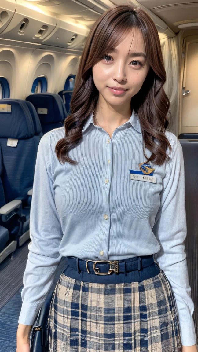 A beautiful, 24-year-old Japanese woman with perfect anatomy, healthy thighs, beautiful legs, beautiful skin, random hair color and style, large breasts, (wearing a flight attendant uniform with a mini-skirt:1.3), full body shot, pumps, carrying a suitcase, at the airport, (best quality,4k,8k,highres,masterpiece:1.3),(extremely detailed:1.2),realistic,photorealistic,photo-realistic:1.37,professional,vivid colors, studio lighting, hayashiyuka