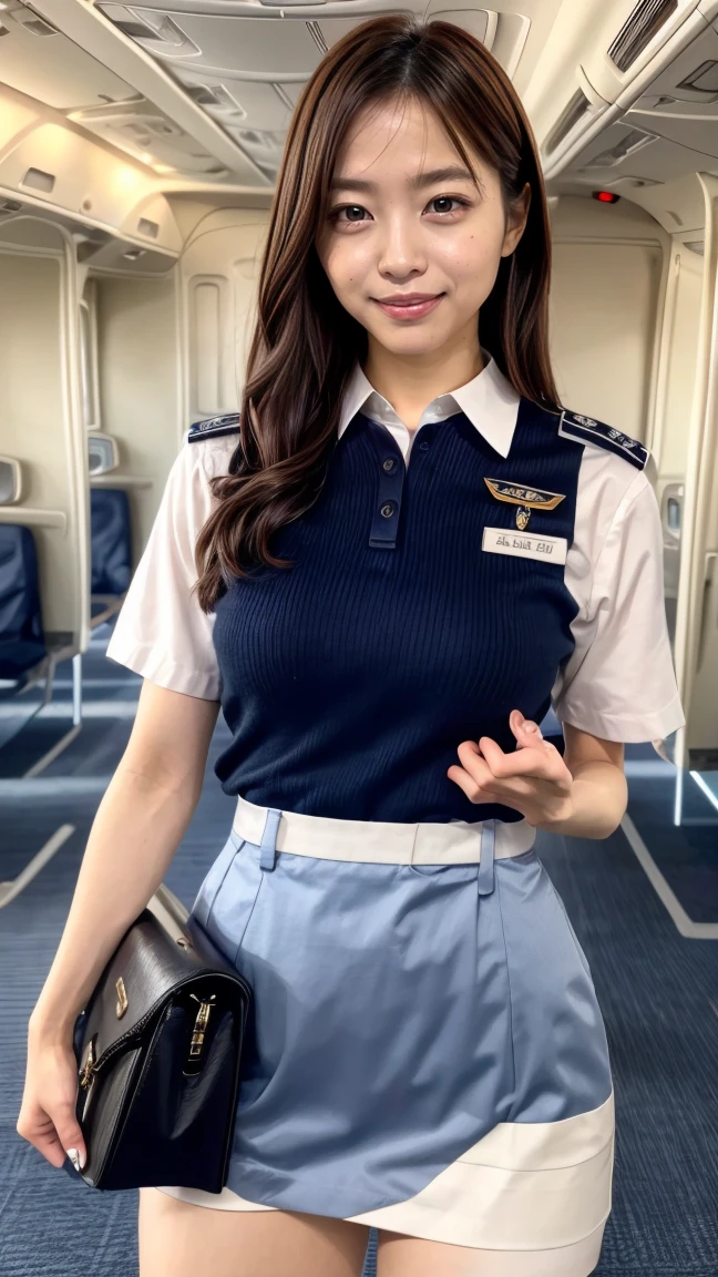 A beautiful, 24-year-old Japanese woman with perfect anatomy, healthy thighs, beautiful legs, beautiful skin, random hair color and style, large breasts, (wearing a flight attendant uniform with a mini-skirt:1.3), full body shot, pumps, carrying a suitcase, at the airport, (best quality,4k,8k,highres,masterpiece:1.3),(extremely detailed:1.2),realistic,photorealistic,photo-realistic:1.37,professional,vivid colors, studio lighting, hayashiyuka