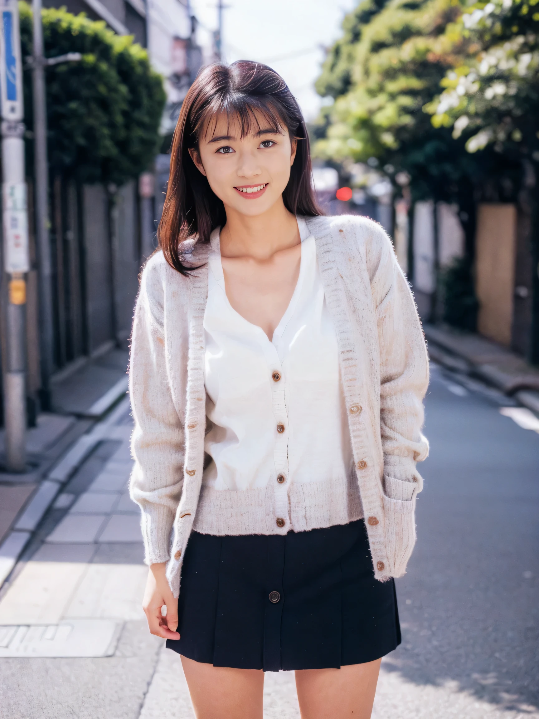 Very detailed CG Unity 8k Wallpaper, Best Quality, Very detailed, masterpiece, Realistic, photo Realistic, Very detailedかわいい女の子,(Cardigan_skirt:1.2), Red cheeks, View your audience , upper body ,smile, (On a street corner in Tokyo) ,Standing in honor