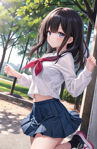 Very cute girl,,
 school uniform, black hair long hair, big breasts, black hair, blue eyes,underwear, white panties,  pleated skirt , shoes, 紺色のshoes下, (Jumping:1.1)
Outdoor, Park,summer,
break
(  Masterpiece ,  best quality, ultra detail:1.1),Alone, 1 girl ,  Dynamic Angle ,