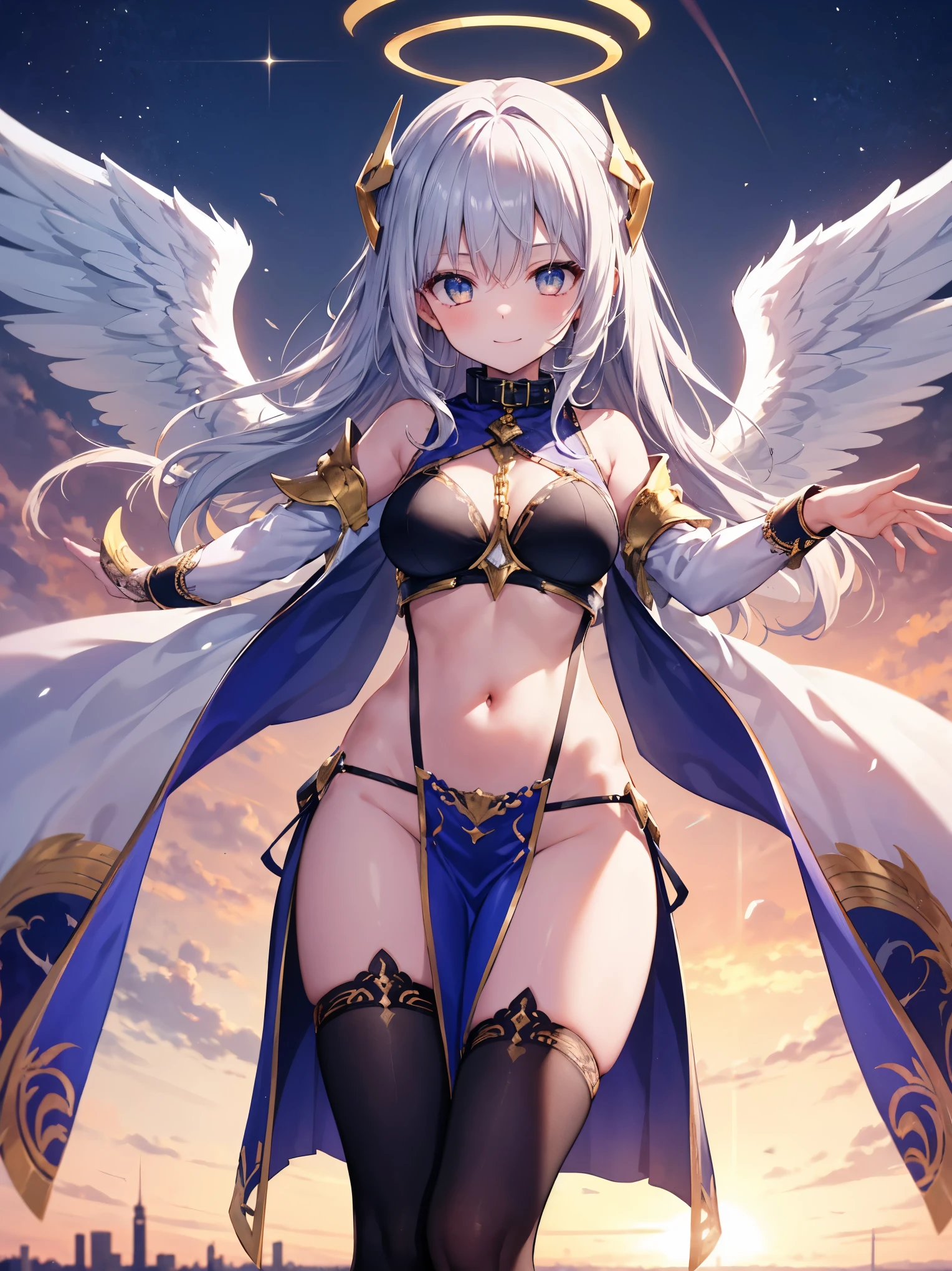 4K,High resolution,one woman,harpy,White purple hair,long hair,blue eyes,big breasts,white wings,golden nails,Valkyrie,white holy armor,winged hat,Jewelry Decoration,crystal decoration,gold decoration,Temple in the Sky