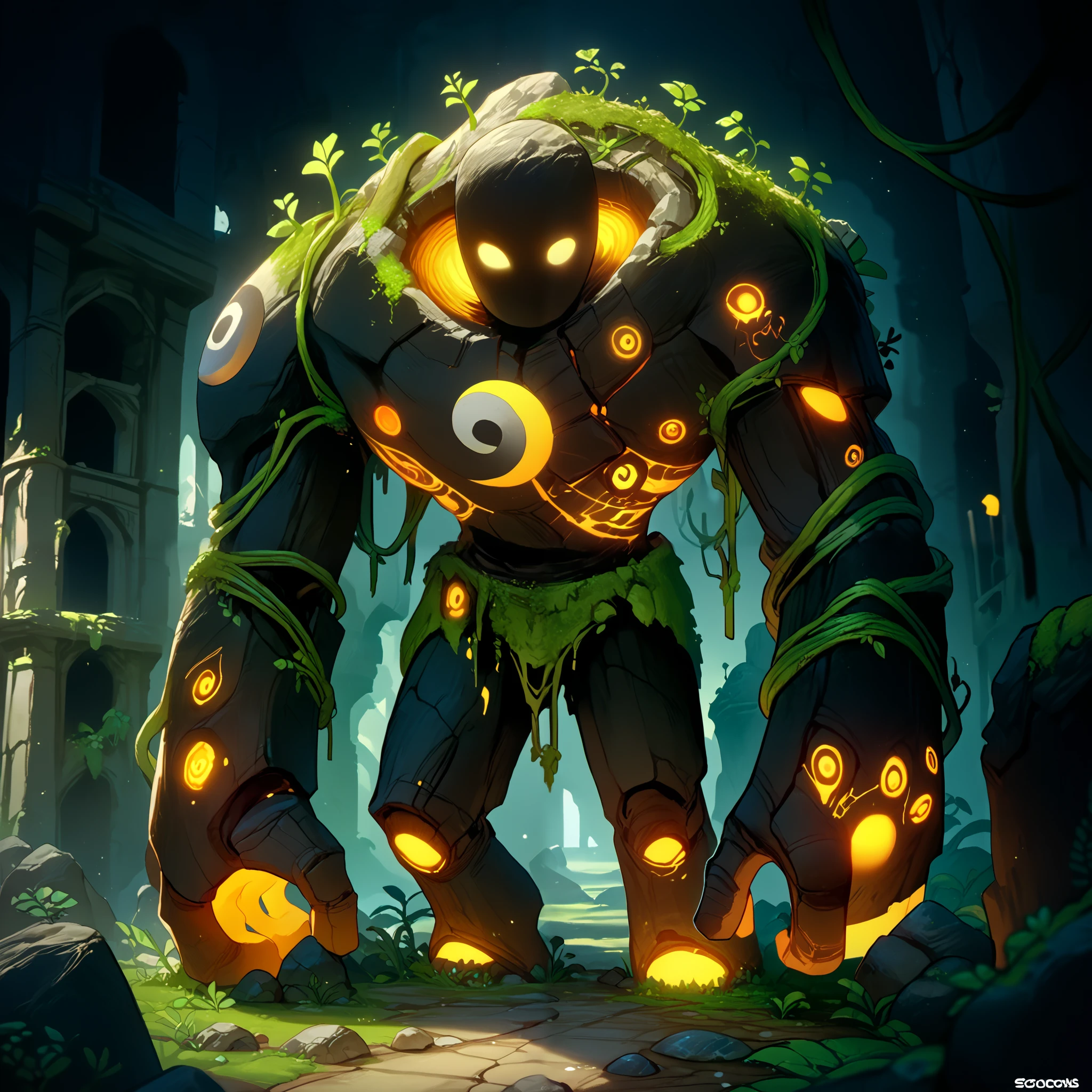 score_9, score_8_up, score_7_up, Gol3em, mouthless, noseless, overgrown, moss, Full body, outdoors, ruins, fantasy, colorfull, Rock golem, yellow Glowing Eyes, little Moss on shoulders, vines over body, yin Yang in the chest, black rocks