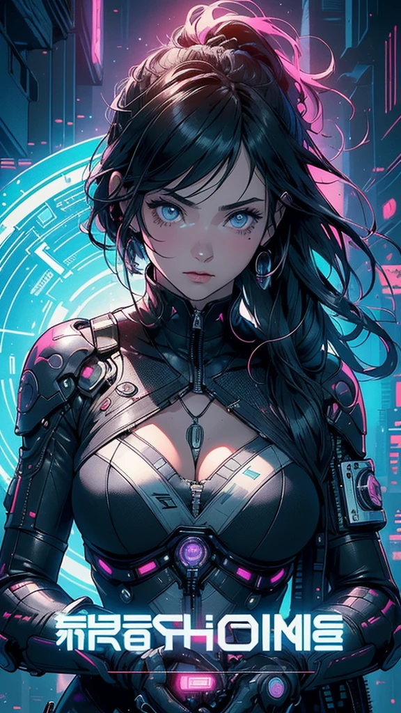 ((Highest quality)), ((masterpiece)), (Very detailed: 1.3), Dark Room, Beautiful Cyberpunk Woman, Wearing headphones, Dynamic configuration, Blue neon lights from the ceiling, Purple neon cord on the wall,