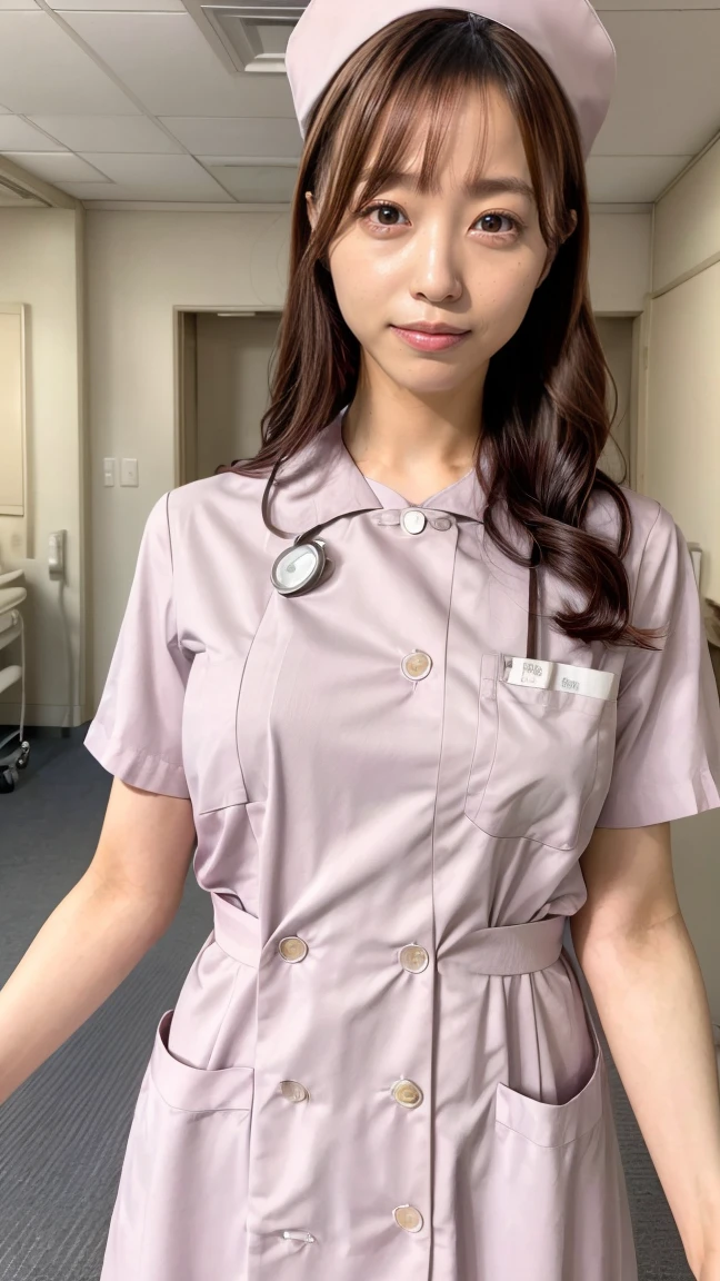 a beautiful young 24-year-old Japanese woman, beautiful, detailed anatomy, beautiful skin, random hair color and hairstyle, big breasts, nurse hat, (nurse uniform:1.3), nurse cap, full body shot, high heels, hospital, (best quality,8k, masterpiece:1.3), (extremely detailed:1.2), hayashiyuka