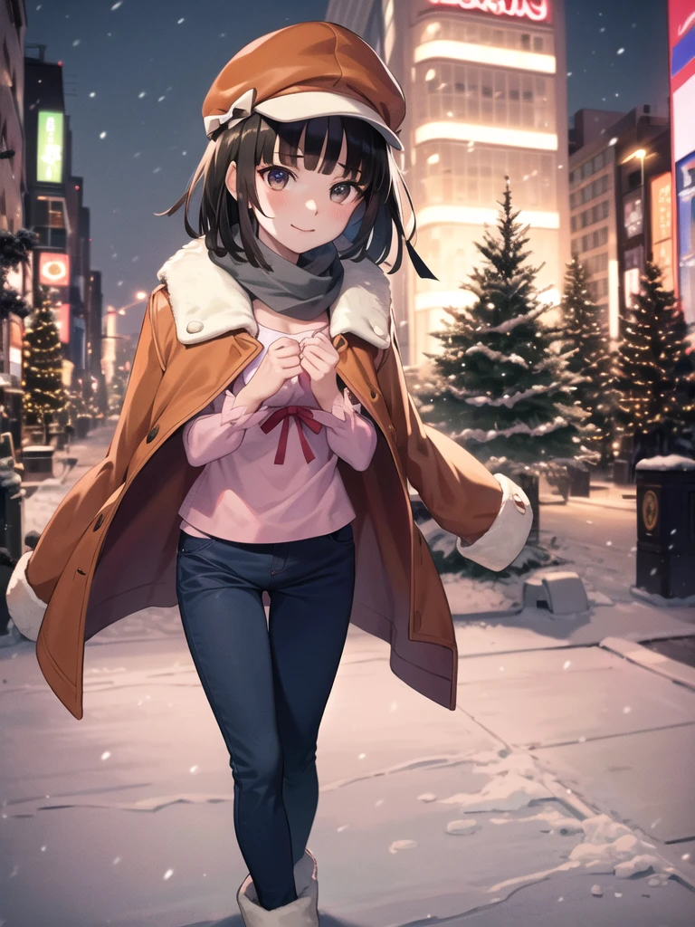 A beautiful snowy nighttime scene in Tokyo, featuring an anime girl dressed in cute and stylish winter fashion. She is standing beside a large, brightly lit Christmas tree in the middle of a festive city square, with softly falling snow adding to the magical atmosphere. The girl looks hopeful and slightly shy as she waits for her boyfriend, her cheeks flushed from the cold. She is wearing a cozy coat with fur trim, a knitted scarf, and warm gloves, with delicate snowflakes caught in her hair. The background showcases Tokyo's iconic cityscape, decorated,

masterpiece, best quality, highres, aanadeko, short hair, brown hair, cabbie hat, orange headwear, blunt bangs, brown eyes, jacket on shoulders, orange jacket, pink shirt, ribbon, blue pants, smile, standing, cowboy shot, outdoors