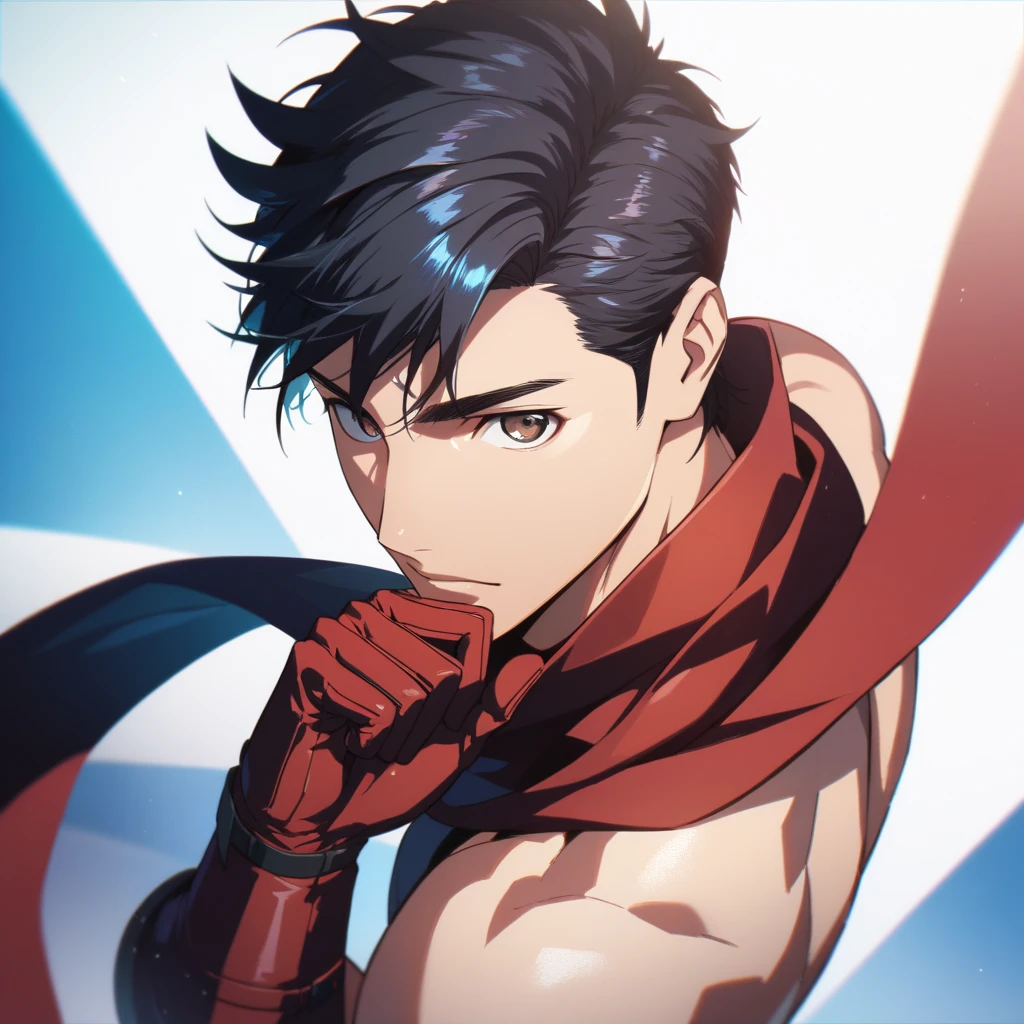 ultra detailed, master piece, best quality, cinematic angle, focus male, detailed eyes, detailed hands, light skin male, whole body, muscle, black hair, expressive brown eyes, red gloves, shirtless, red scarf, thong, posing, high angle, ass, looking at viewer, five-fingered hand, show back