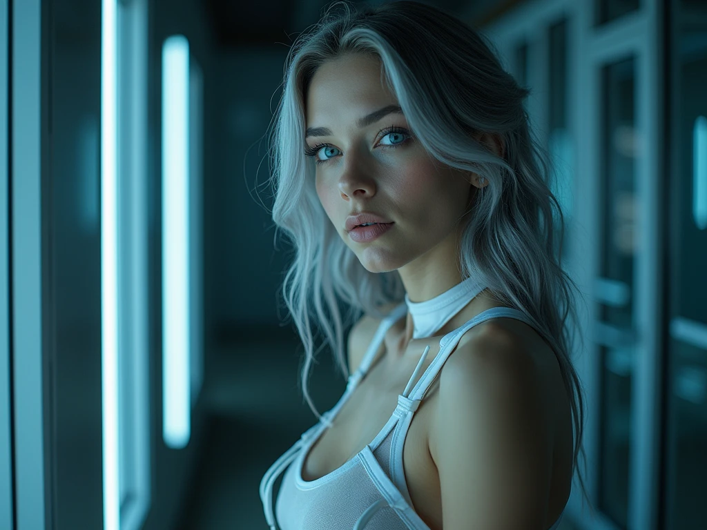 (masterpiece), best quality, cyan eyes, light grey hair, expressive eyes, Holhaya, sitting in highrise apartment room, night sky, city landscape, looking at viewer, city lights, window, highlight, dramatic lights, calm face,