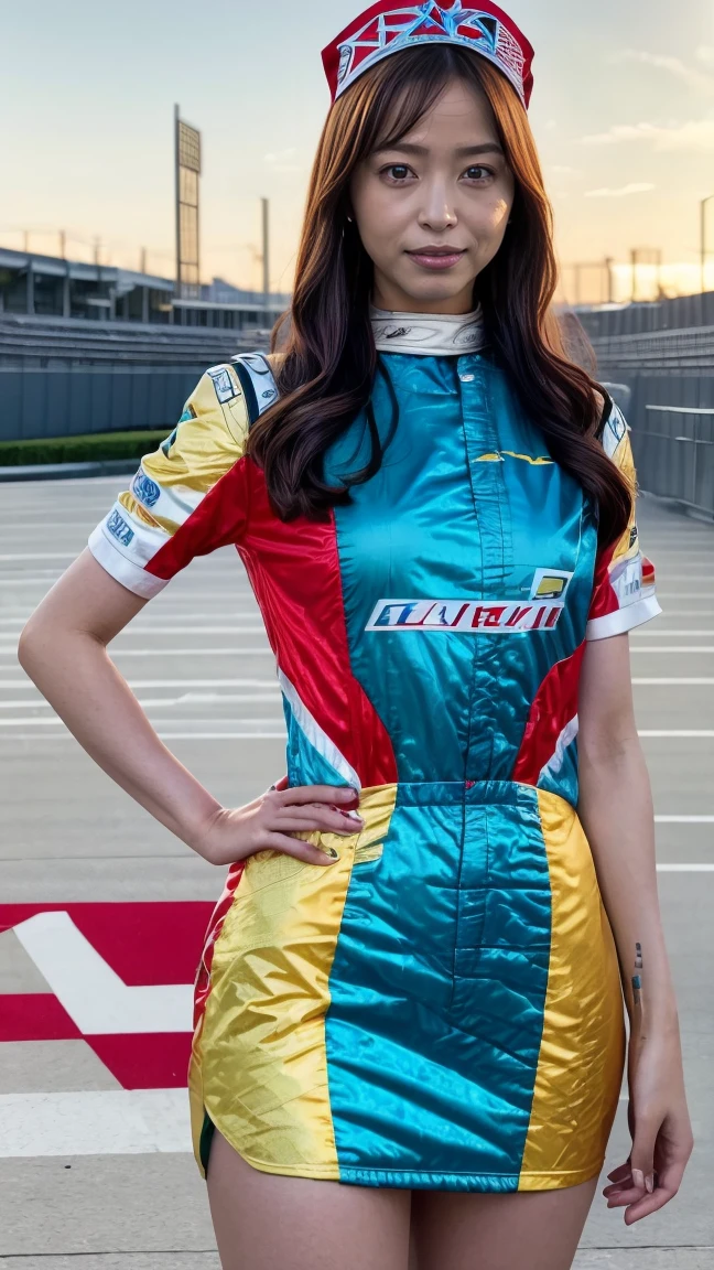 A beautiful Japanese woman, 20 years old, perfect anatomy, healthy thighs, beautiful legs, beautiful skin, random hair color, random hairstyle, large breasts, race queen, (race queen costume:1.3), zent, full body shot, high heels, racing circuit, (best quality,4k,8k, highres, masterpiece:1.3), (extremely detailed:1.2),photorealistic, cinematic lighting,HDR,professional photography, vivid colors, hayashiyuka