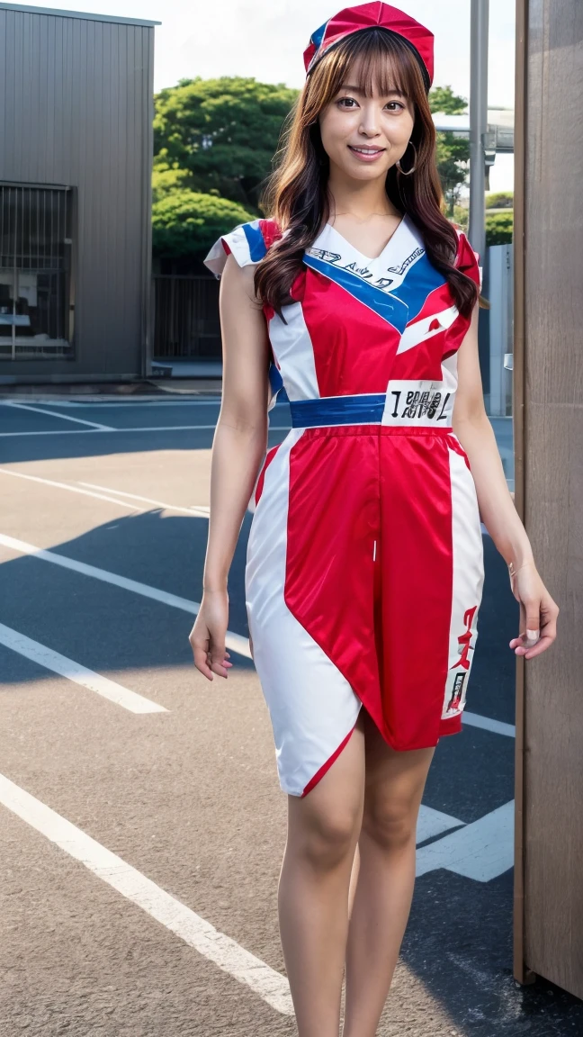 A beautiful Japanese woman, 20 years old, perfect anatomy, healthy thighs, beautiful legs, beautiful skin, random hair color, random hairstyle, large breasts, race queen, (race queen costume:1.3), zent, full body shot, high heels, racing circuit, (best quality,4k,8k, highres, masterpiece:1.3), (extremely detailed:1.2),photorealistic, cinematic lighting,HDR,professional photography, vivid colors, hayashiyuka