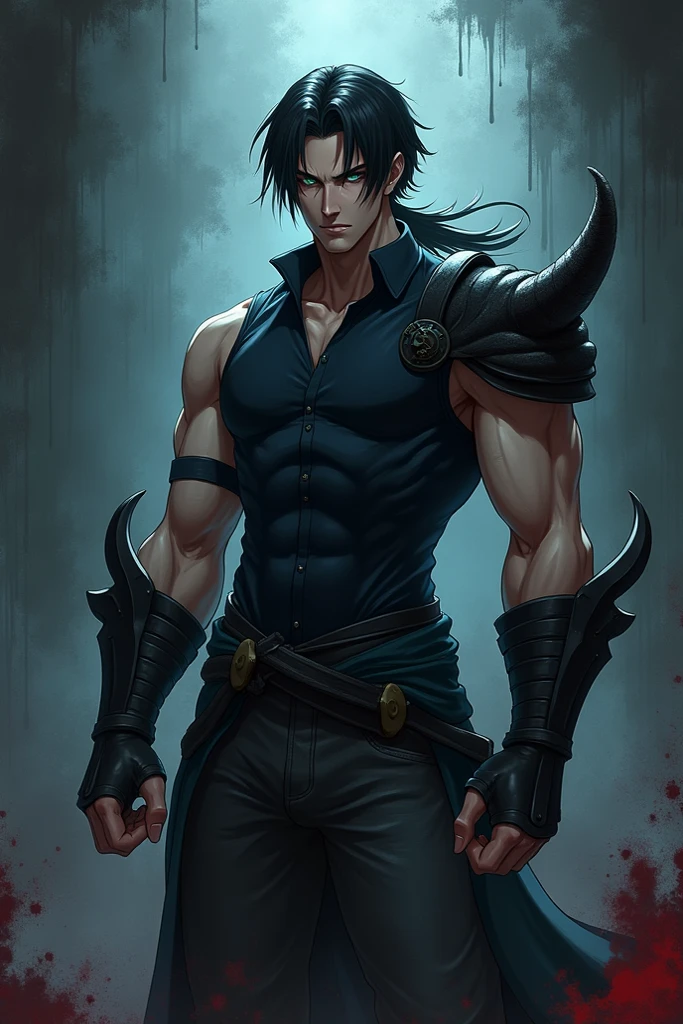 A guy with black wings, muscular, red eyes, scythe in hand, dark energy, tattoos,