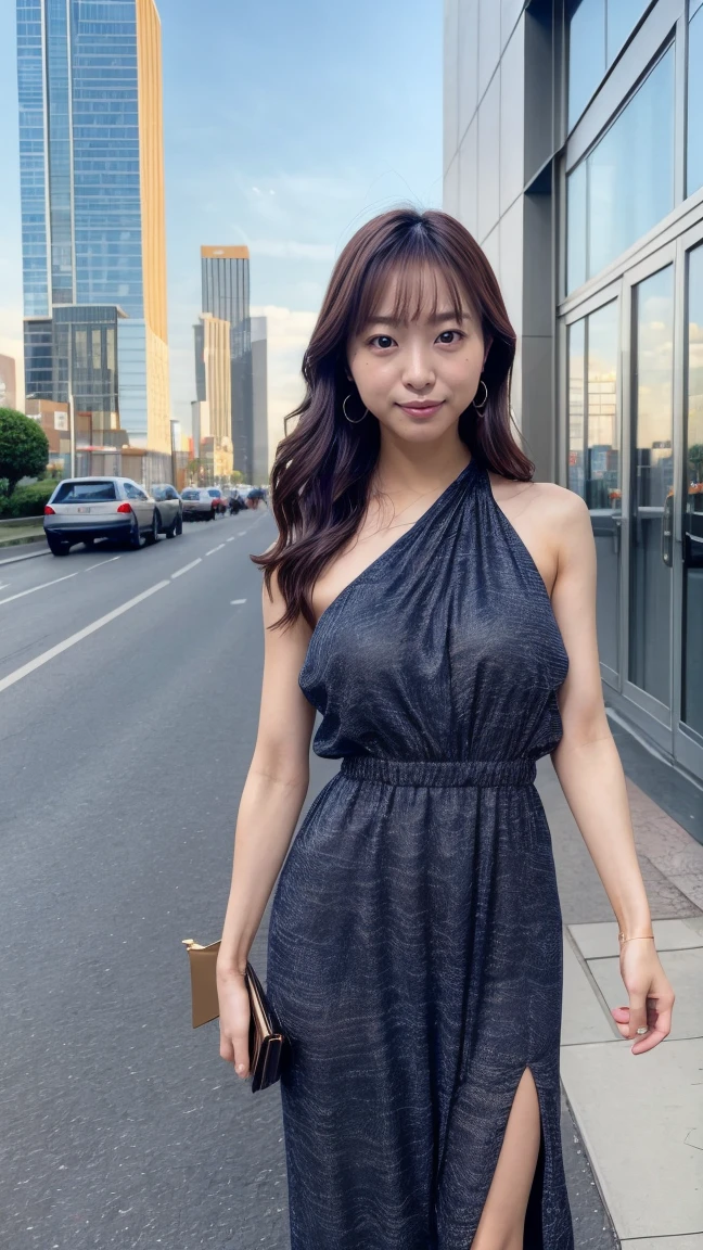 a beautiful young Japanese woman, 24 years old, with healthy thighs, beautiful legs, flawless skin, random hair color and hairstyle, large breasts, a hostess wearing a hostess dress, high heels, full body shot, holding a purse in one hand, on a busy city street at night, (best quality,4k,8k,highres,masterpiece:1.3),(extremely detailed:1.2),detailed anatomy,photorealistic,vibrant colors, dramatic lighting, hayashiyuka