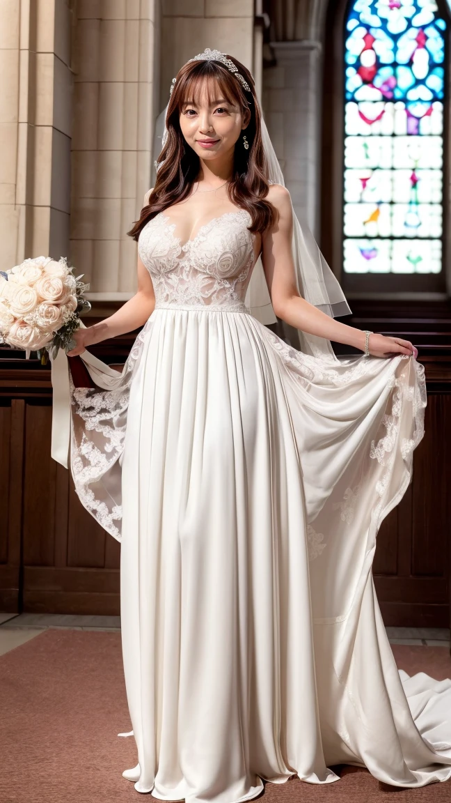 A beautiful young Japanese woman, 26 years old, with healthy thighs, beautiful legs, flawless skin, random hair color and style, large breasts, wearing a (wedding dress:1.3), full body shot, high heels, holding a bouquet in her hands, in a church setting, (best quality,8k, masterpiece:1.3), (extremely detailed:1.2), perfect anatomy, hayashiyuka