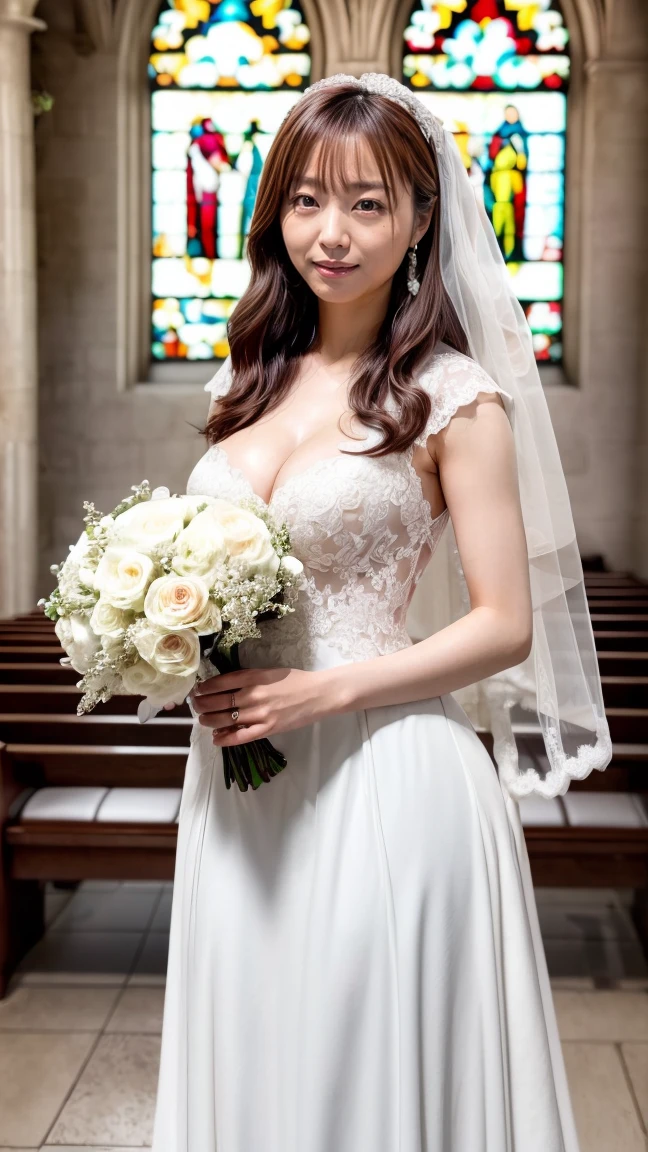 Beautiful redhead girl with brown eyes and long hair wearing wedding dress in a church photo shoot 