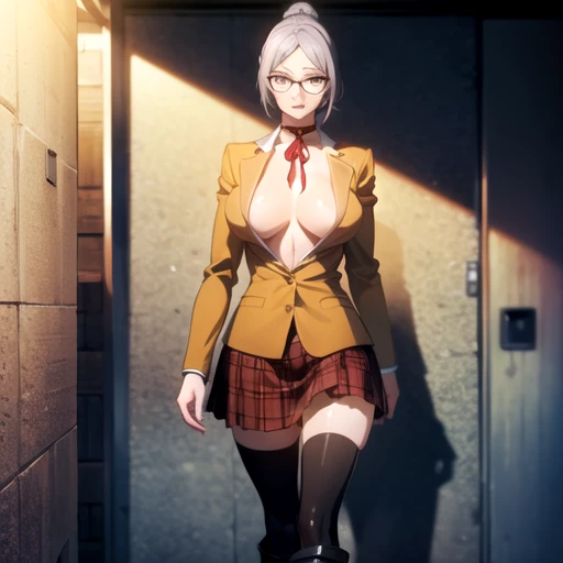 (masterpiece,best quality,high resolution,ultra detailed,anime cg),(((anime style))),shiraki meiko,hair bun, 1 girl,(((mature))),cool beauty girl,glasses,school uniform, black thighhighs, red plaid skirt, knee boots, ribbon choker, brown blazer jacket,standing,displeased face,sweat,prison room,indoor,