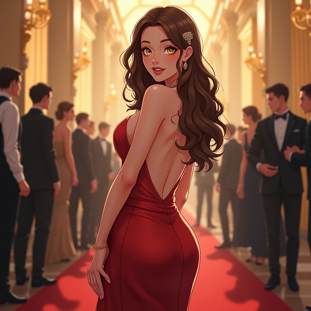 Japanese with long wavy brown hair、Large Breasts、Wearing a sparkling dress, she heads to the party venue.、Medium build、Earrings、Create cute women in anime style