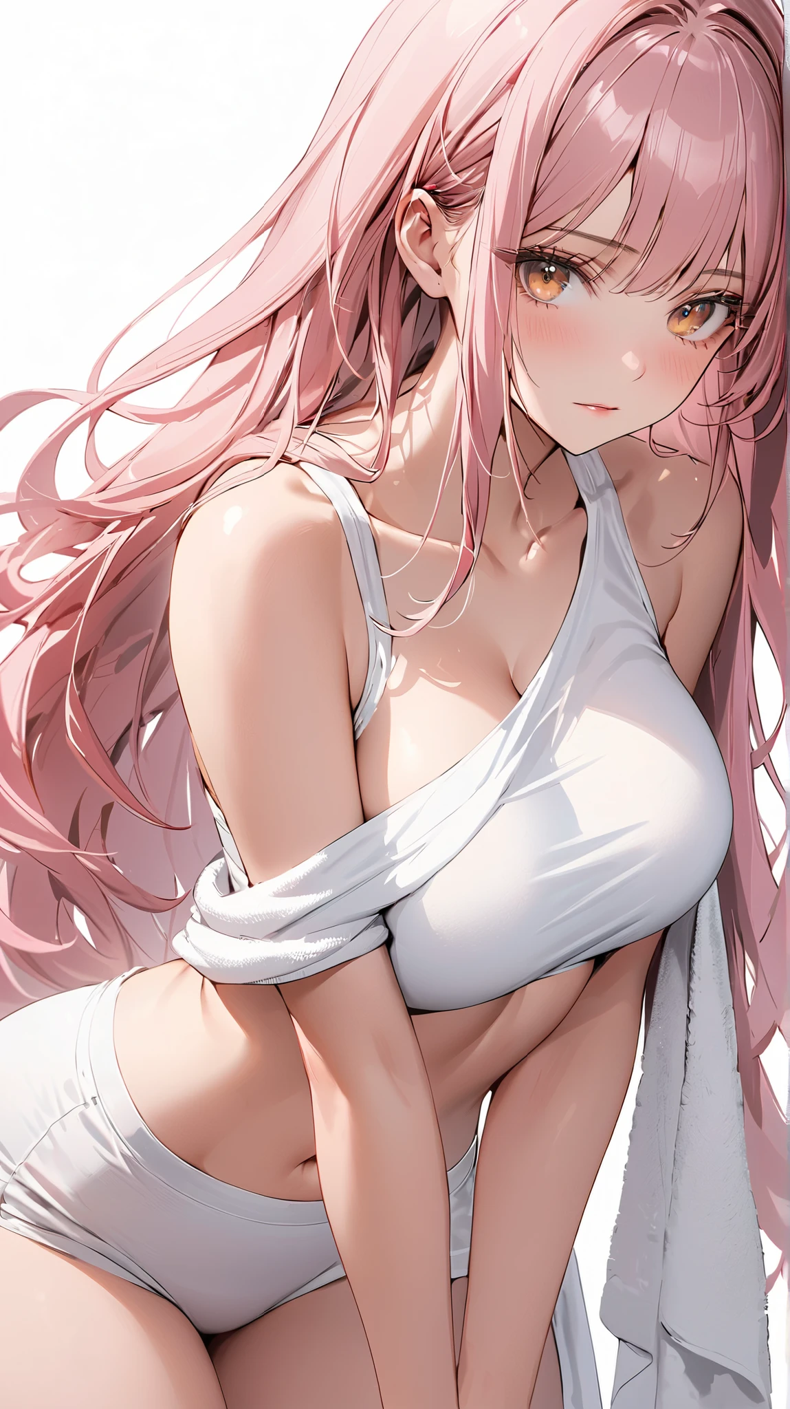 sensual, ((long pink curly hair)), thick thighs, 8k, 4k, highest quality, High resolution:1.2), cute anime face, noise reduction, ((shining blue eyes, Endure the pain and shed tears, kind eyes))、toned abdominal muscles, muscular arms, muscular legs,  young face, anime eyes, (((big breasts、A chest that is about to burst)))、(((Bondage Play)))、(((Rear view、I&#39;ll turn around、emphasize the buttocks、T-back that digs into your butt)))、(((white loincloth)))、(((Grab your breasts with both hands)))