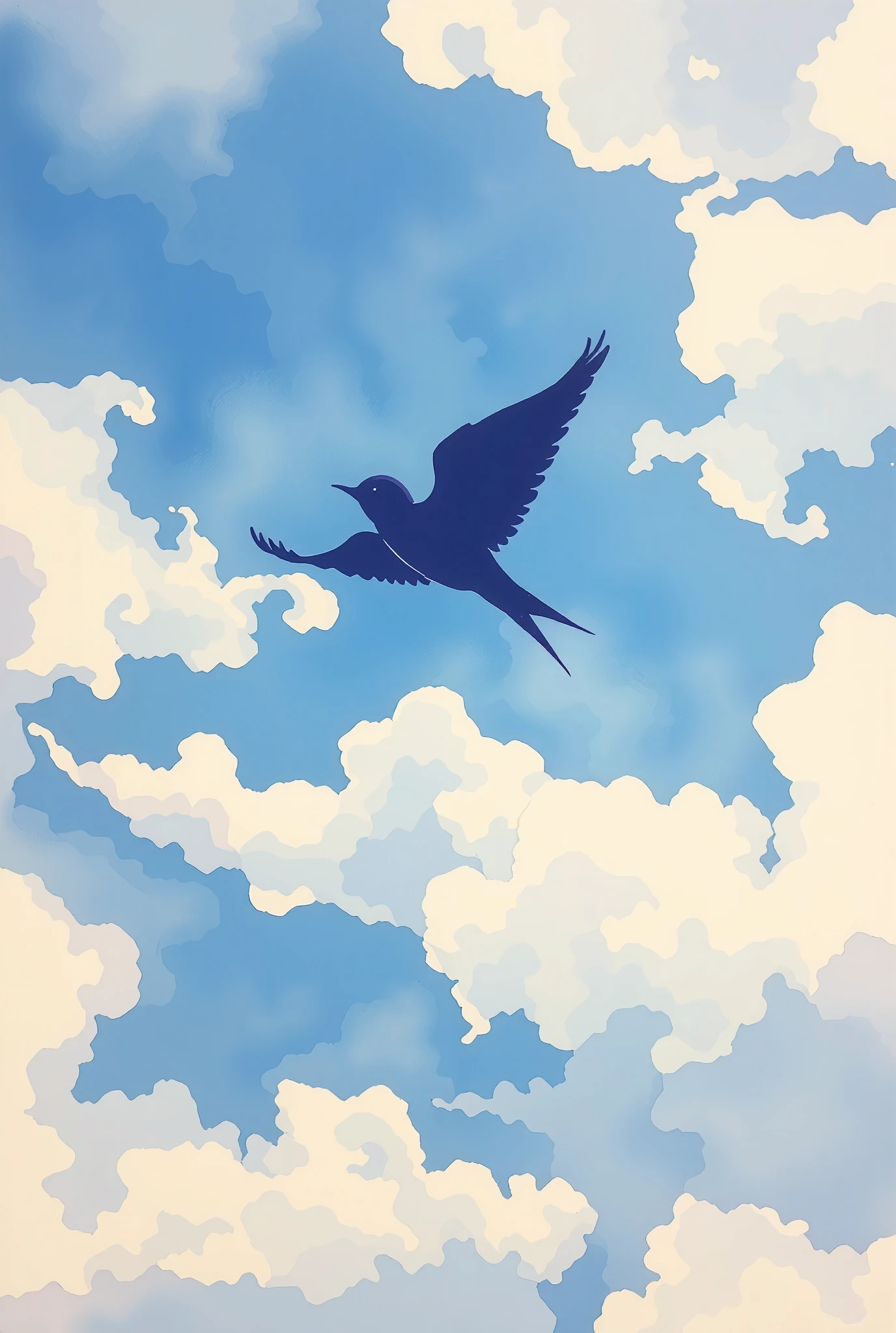 ink style, water color, silhouette of a swallow flying in the sky, clouds, blue theme, amazing color, pastel color