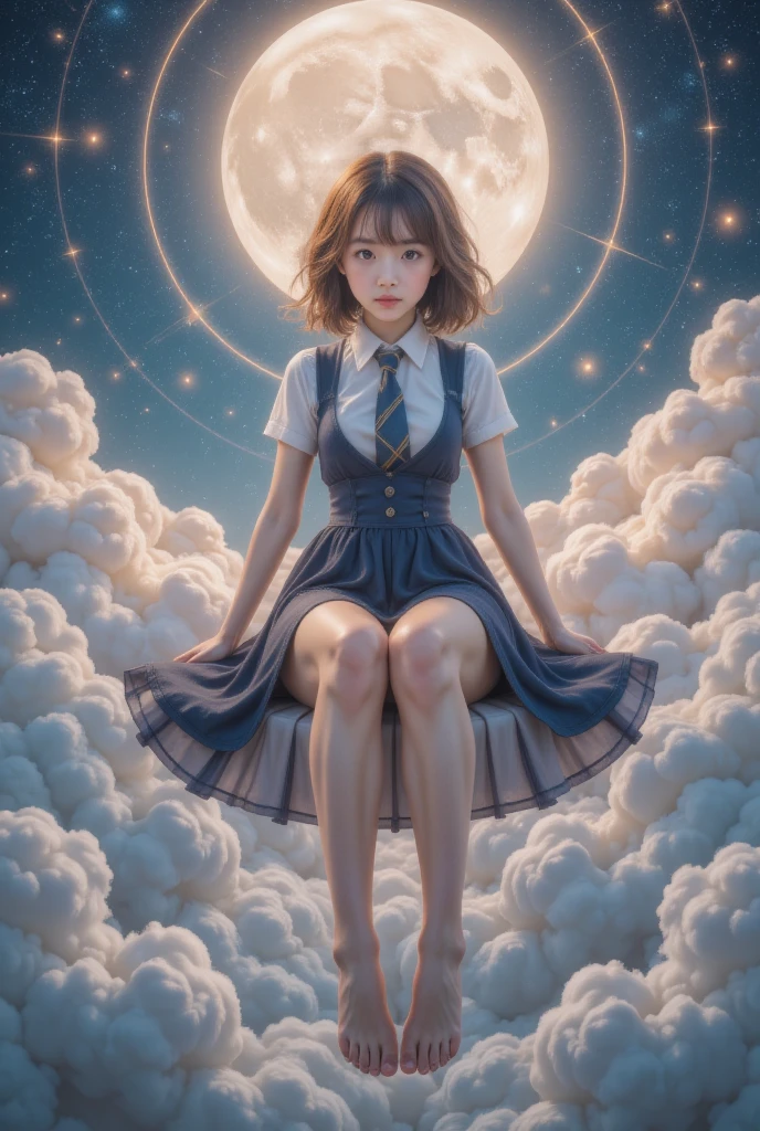  1 girl, halftone background , above the clouds refract spikes ,Above the clouds ,new moon,   HD pictures in cute mini size ,   atmospheric perspective, 8K,   Very detailed  , Precise,   Best quality , 
  1 girl, , Chest,   and watch the audience, (Look at the audience,:1.5),  
    brown hair    ,    brown eyes, parted Lips, underwear, , (Japanese school uniforms), 
 ( fully transparent dark blue dress ), (  sitting in a seat  :1.5), No underwear, , parted Lips, 
 Lips, (Flesh-colored skirt),   cowboy shooting  ,  ((( Spread your legs , Arms Crossed))), showing sexy White :1.5), Practical ,
(White, shirt, tie),
(Tang&#39; reveal your upper body :1.5),
( turn your body to the audience :1.5) , (From below, look up:1.5), ((Japanese Girls, Shortwave  ))