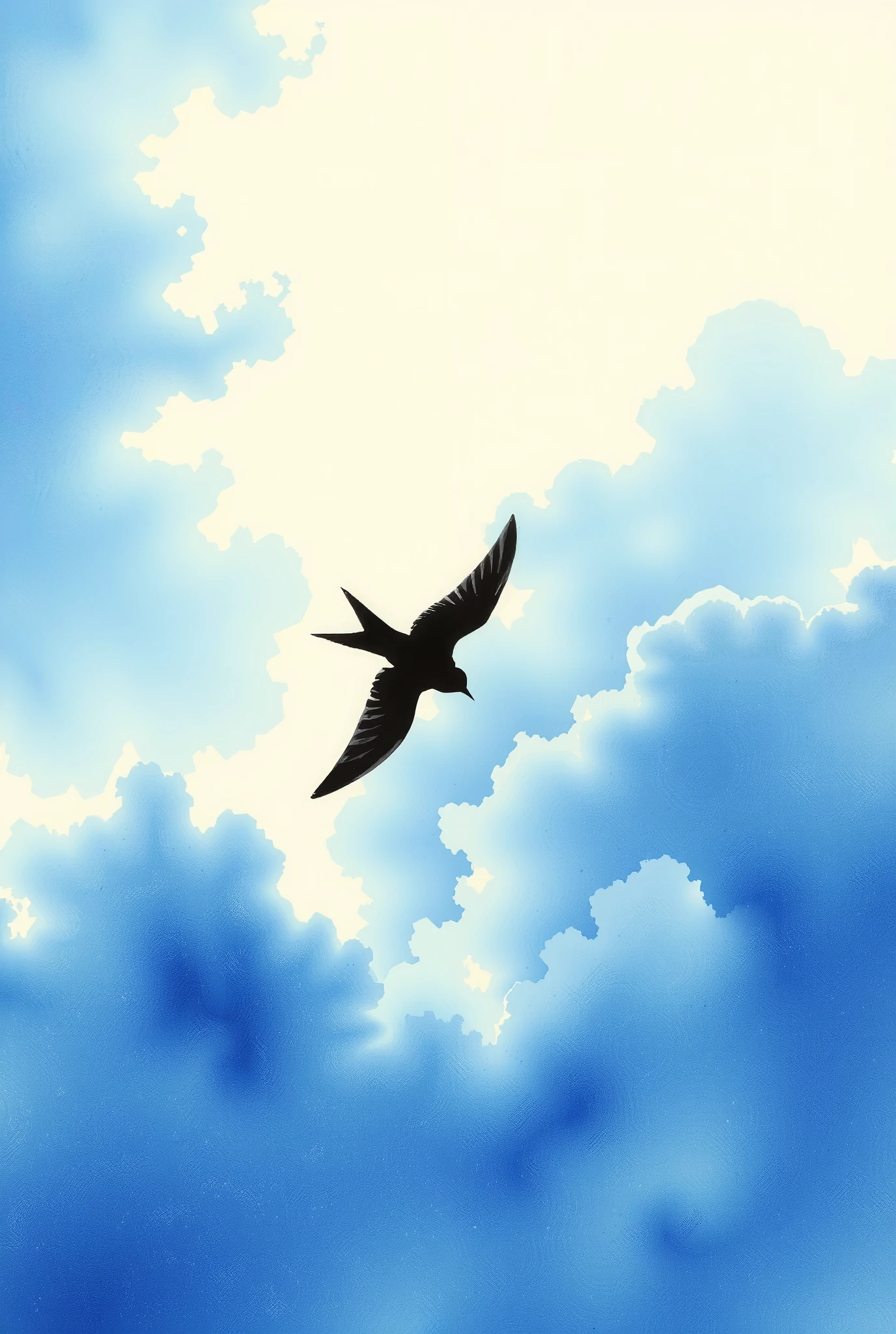 ink style, water color, silhouette of a swallow flying in the sky, clouds, blue theme, amazing color, pastel color