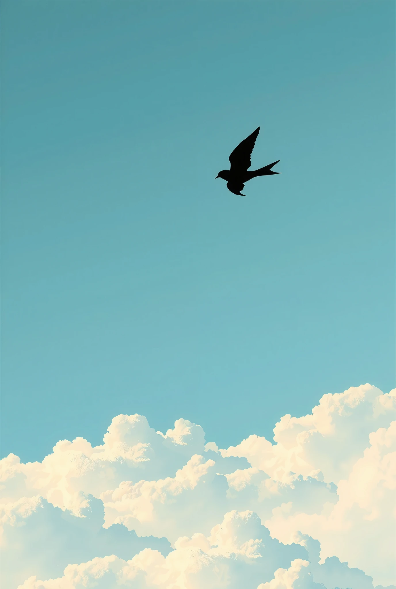 ink style, water color, silhouette of a swallow flying in the sky, clouds, blue theme, amazing color, pastel color