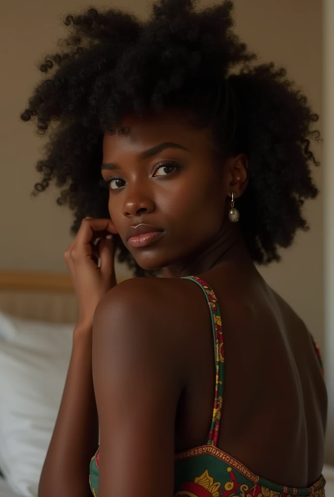 ((Very Dark African skin, Very deep ebony skin)), ((Its beauty undeniable)), ((Excited cute face)), ((Hyper detailed perfect eyes,)), ((pose mignonne)), ((Langue sortie)), ((Seductive )), sexy, ((beige towel)), ((Afro ponytail with long African curly hair,)), (( peau)), ((debout, vue de dos)), ((toucher ses propres jambes dans une pose sexy)), ((home)), Sharp Focus CGI, photoreallistic, High detail, Realstic, Masterpiece, absurdes, Best quality, Hdr, High quality, high-definition, Extremely detailed, 8k wallpaper, Intricate details, 8K UHD, Full-HD, (photo realist:1.2), contraste, intense illumination, lighting cinematic, natural lighting, hard light, contre-jour, Illumination globale, occlusion ambiante, wearing comfortable clothes, hanging on the couch in front of the tv
