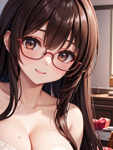 1 female、Brown haired、Brown eyes、Black-rimmed glasses、charm 、Gorgeous face、Perfect body。Highest quality、Very detailed、8k resolution、RAW Photos、Tabletop。Completely naked、Nipples