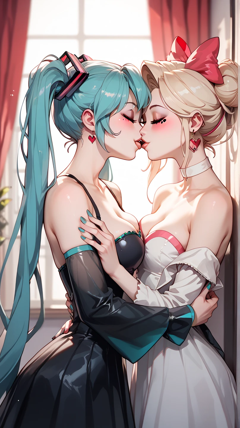 Hotel Hazbin and Hatsune Miku kiss both girls passionately, these are female characters , HD,  high quality . very passionately, one girl in latox.