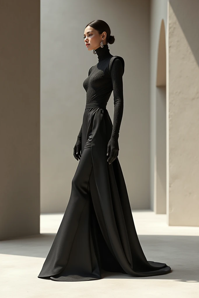 black female , short curly hair , on an empty street , in black , glimmering , whole body 