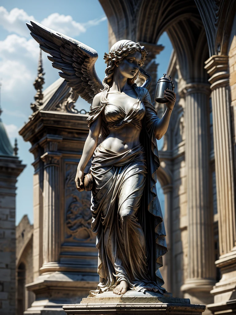 Angel statue lifting a black flask with medieval ruins in the background