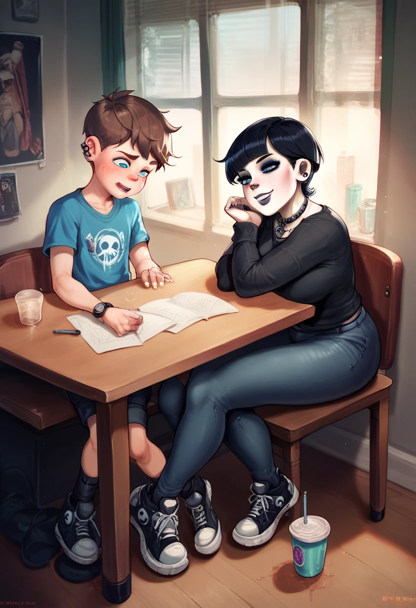 sitting, goth mother, sitting at table, foot under table against small crotch, small shota toddler