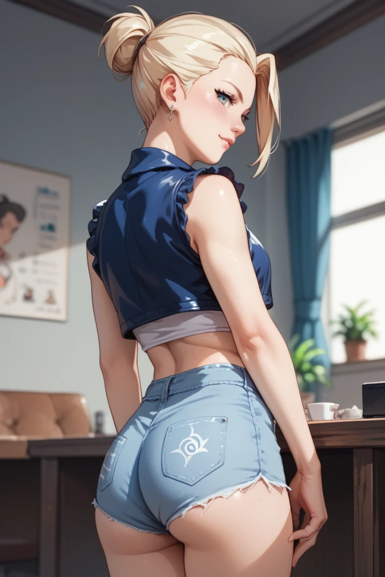 Android18, vertiloart, 1girl, toned body, blush, sitting, back to viewer, squatting, legs together, knees together, Feet apart, looking back, Looking at viewer, biting lips, light skin, white see through cheeky panties, cleft of venus, grabbing breast, big ass, big butt, biting the lips, motion lines, sex, sex from behind, ass, photo_focus, naughty face, seductive face, blonde, blonde short hair, big light blue eyes, perfect light blue eyes, bright light blue eyes, ass, toned ass, huge ass, big ass, big butt, huge tits, large tits, shiny skin, very blushing, blushing cheeks, embarrassed, Bright skin, hydrated and luminous skin, bare chest, Toned hips, wide hips, exercised thighs, thick thighs, thick calf, sex, android18, jewelry, necklace, pearl necklance, earings, hoop earrings, purple jack, BLM long, belt, blue sky miniskirl, see through cheeky panties, white silk socks with bows and lace, cristal french stiletto heels.