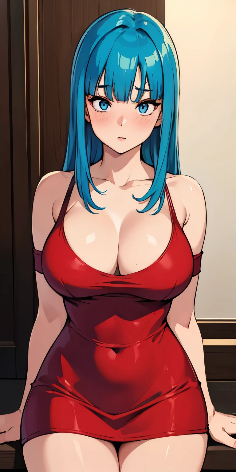 1 Female,High definition,high resolution,Ultra-realistic,8K, 1girl,maron,(red short dress), bare shoulder,(blue eyes,aqua hair,blunt bangs),off shoulder, large breasts,European,sexy,Upper body close-up,Photographed from the front,Dynamic Angles,(blush), (medium tits) 