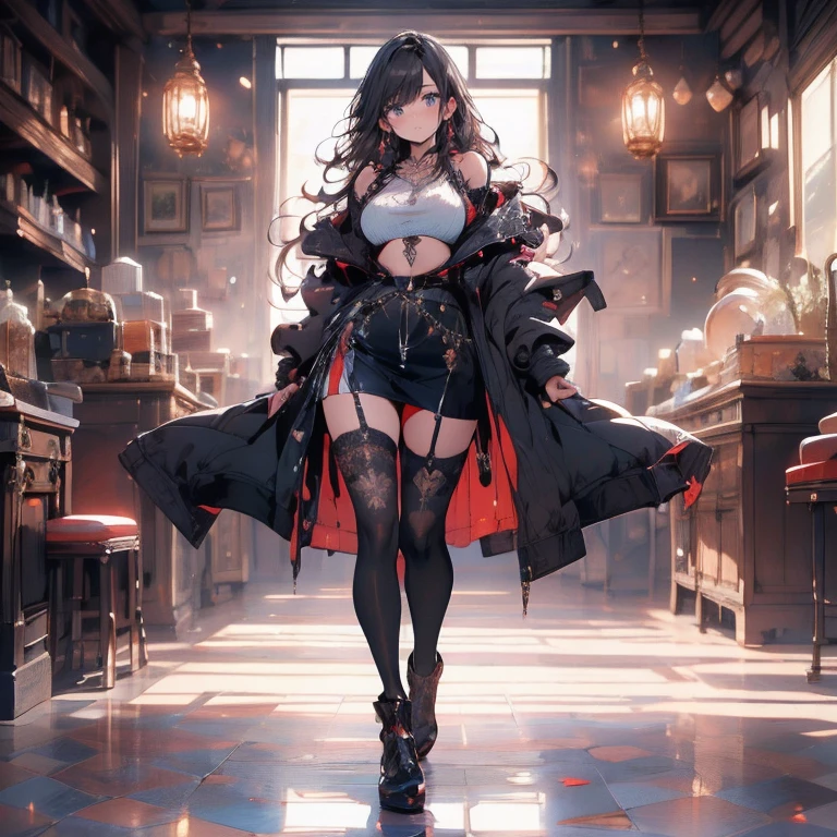 absurdres, RAW photo, extremely delicate and beautiful, masterpiece, Best Quality, ultra high resolution, 32k, hyperrealistic, ultra-detailed, perfect ???????, super Detailed skin, perfect figure, Super Beauty, Perfect Style, Perfect balance, in her 20s, very Slim body, narrow waist, very small head, very small face, delicate facial features, tearful mole, earring, very huge round ???????, ???? legs, medium hair, whole body shot, business suit, Jacket, blouse, short skirt, holding two katanas, Organic-Mechanical Temple, indoor,