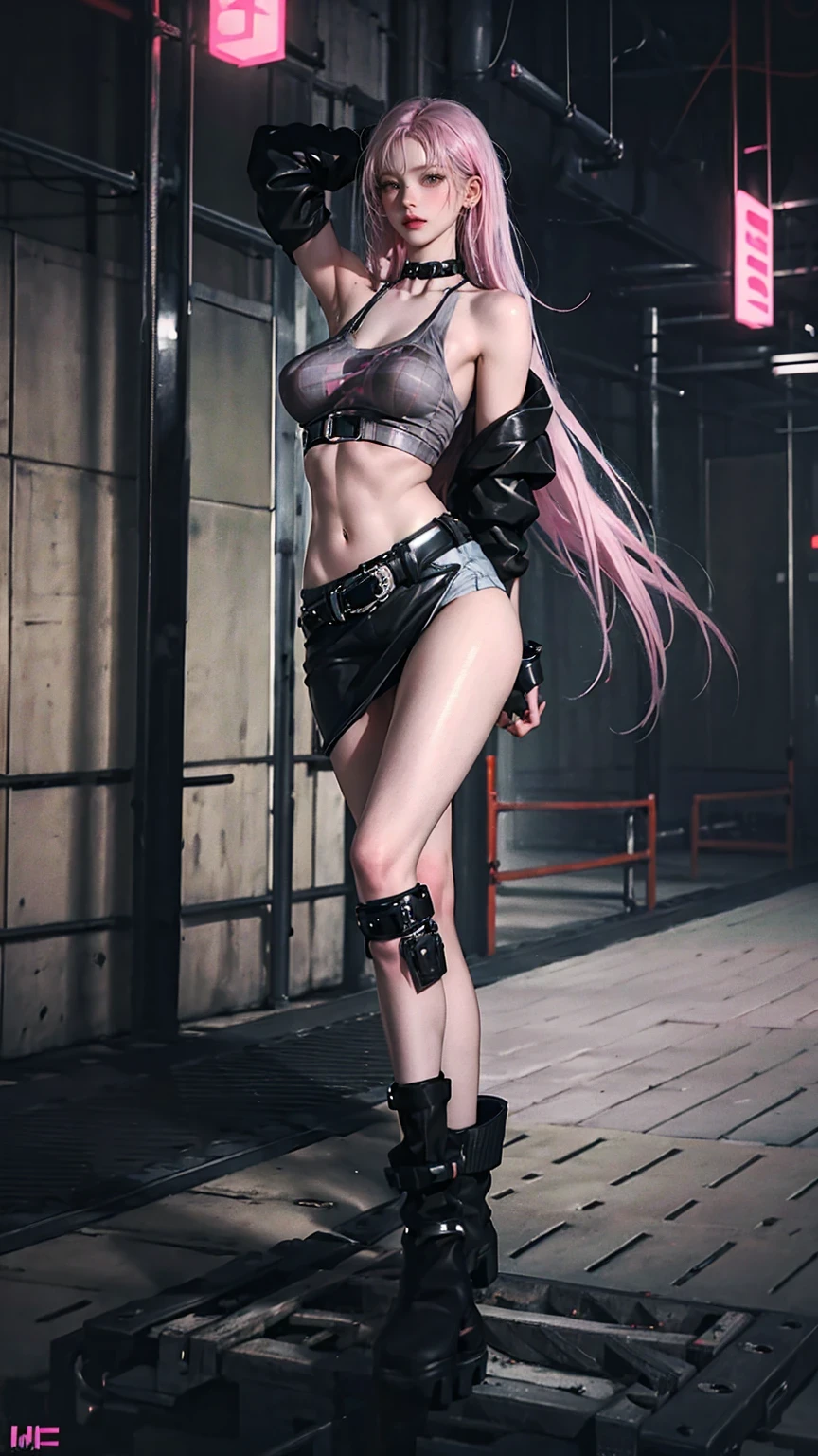 Anime drawing of a woman in a special beige costume with black details and a shiny mysterious symbol in pink black and pink hair long straight hair holding two pink katana swords teacher glasses ballet pose, in a destroyed city classic anime bayoneta