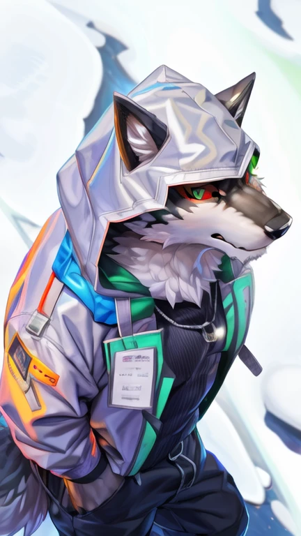 monomasa, furry, male, solo focus, wolf, tail, by kiyosan, by yupa, by Pino Daeni, (by null-ghost:0.8), (by drks:0.2), white hooded coat, hood up, pants, detailed eyes, black pupils, green eyes, red sclera, (yellow eyeshadow:0.8),  high-angle view, close-up, 