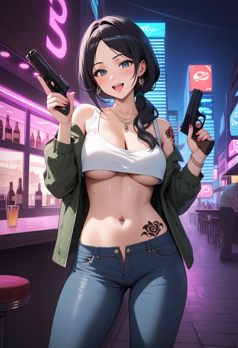 chabashira, 1girl, ponytail, black hair, blush, lipstick, nightclub, bar, indoor, cityscape, building,  city lights, blush, lipstick,  jacket, masterpiece,high quality,4k, bare shoulder,belly,crop top,holding pistol,cleavage,jeans, casual dress,street,road,smile, open mouth, (nsfw) not safe for work, holding a gun,handgun, evil expression,
exposed belly, exposed navel, exposed midriff, exposed lower belly, crop top overhang, underboob,
unbuttoned jeans , low rise black jeans, Low rise jeans, Low rise jeans with open fly,  tattoo on body, tattoo midriff, rose tattoo, navel piercing, shiny skin