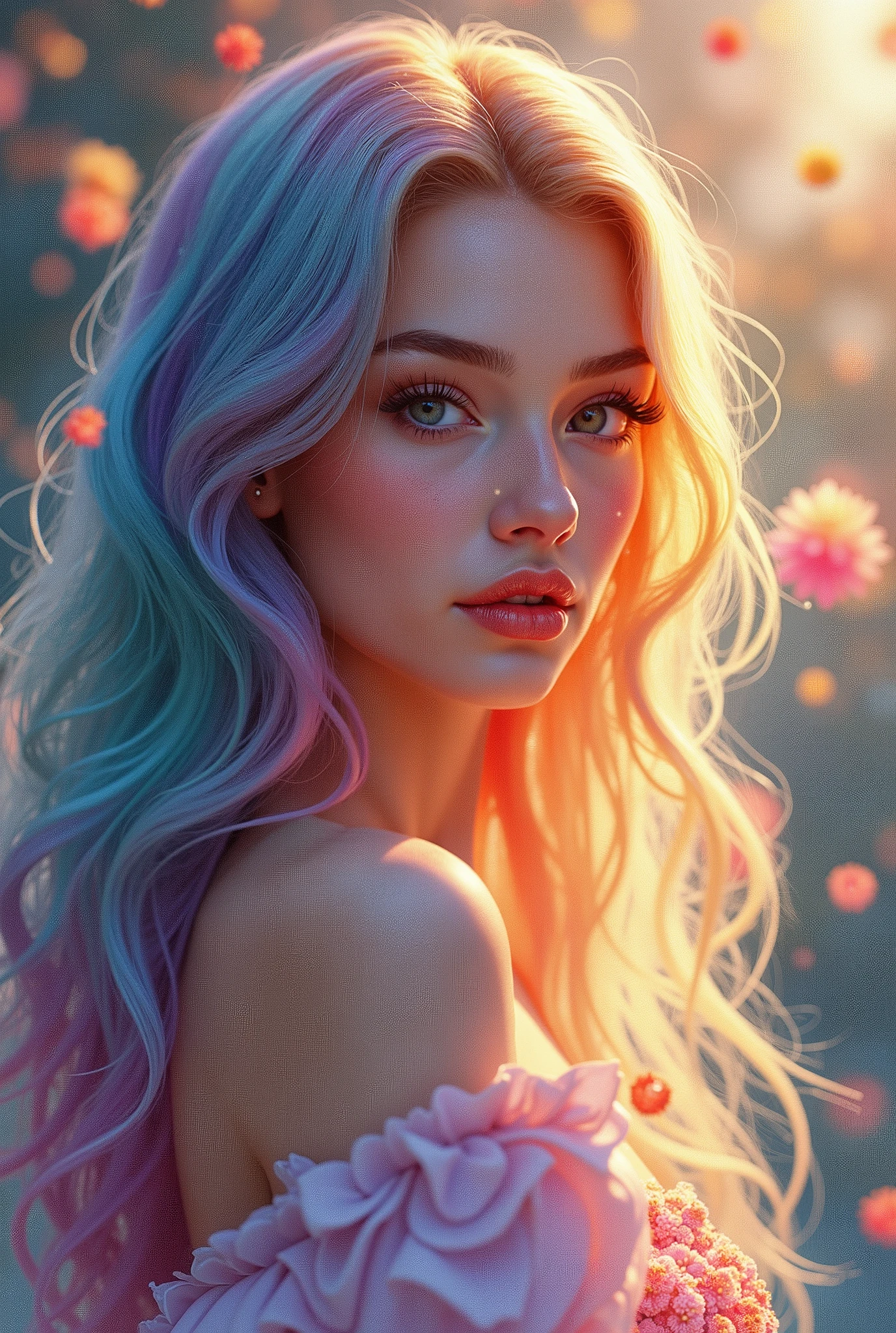A close up of a woman with long hair and a pink dress - SeaArt AI