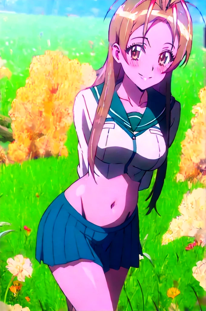 best quality, masterpiece, highres, solo,(mature female, milf:1.4), looking at viewer, 
rei, anime art style, 1girl, solo, long_hair, smile, brown_hair, brown_eyes, school_uniform, serafuku, large_breasts, antenna_hair, 
light smile, blush,grass, field, (wariza), midriff, belly button
 